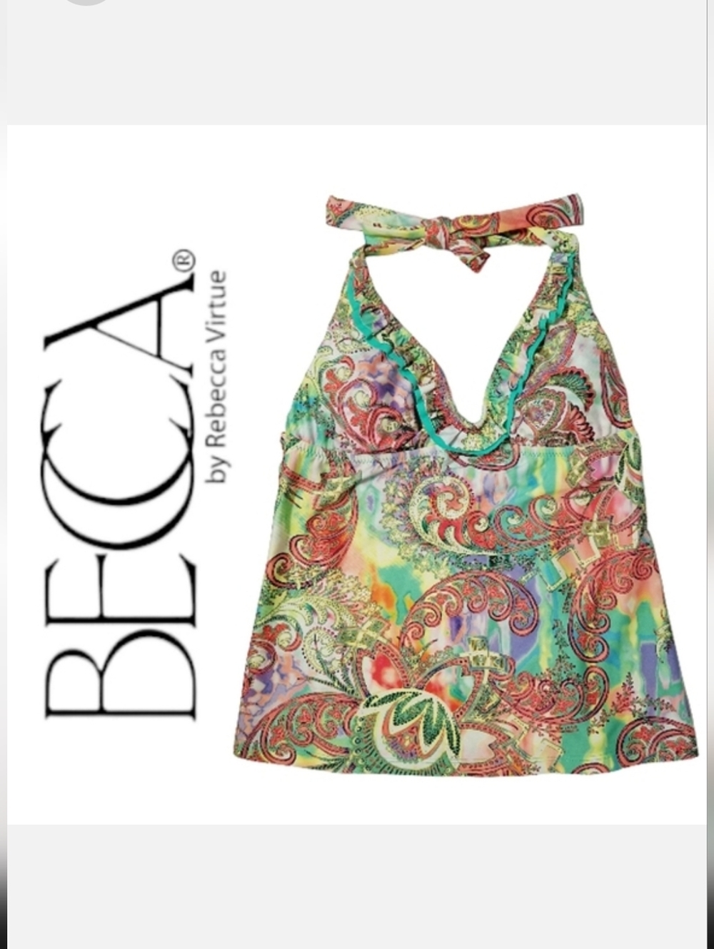 BECCA Halter Tankini Top Tropical Whirl Green Multi Sz S BohoChic